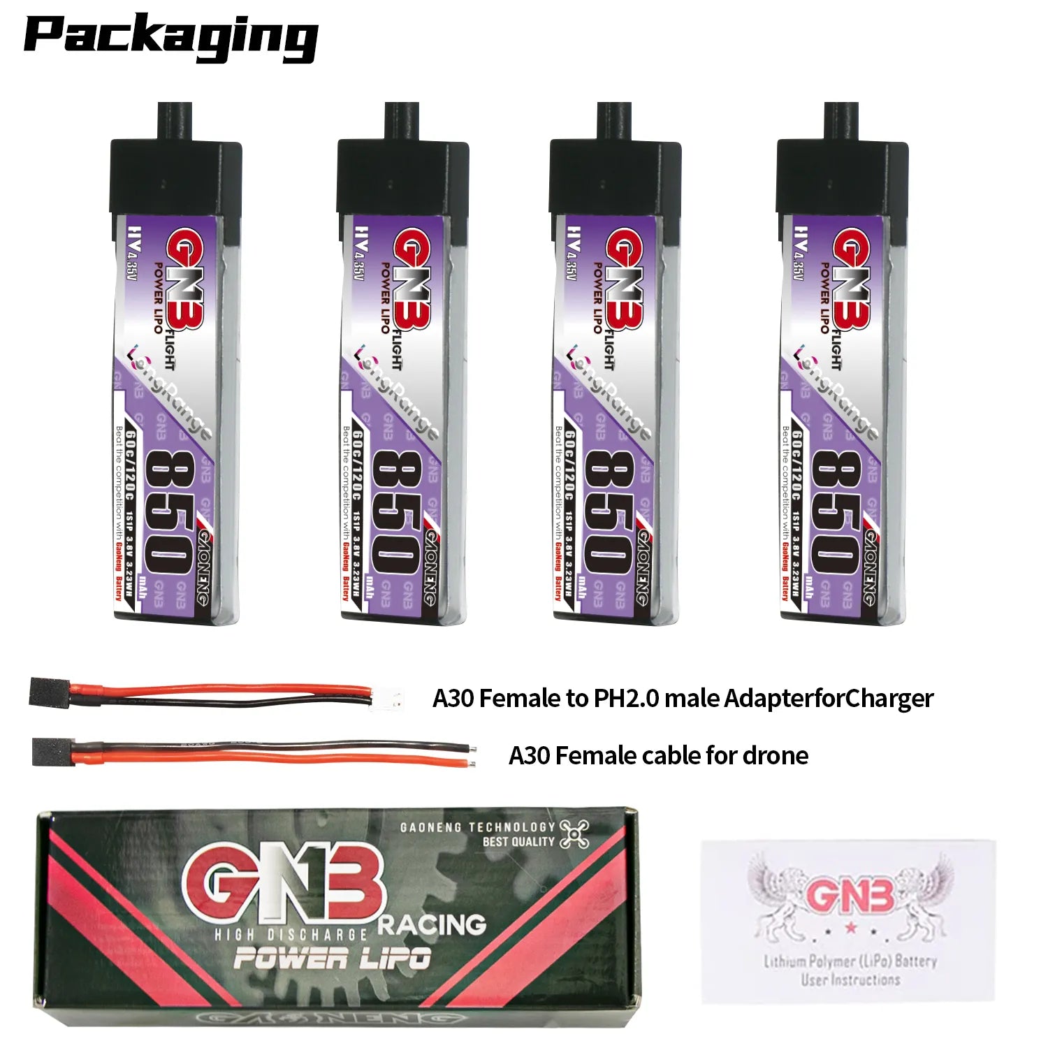 GAONENG GNB High - Voltage 1S 3.8V 850mAh 60C A30 Plastic Head Long - Range LiPo Battery [DG]