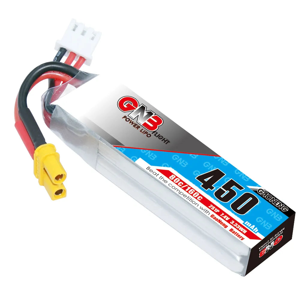 GAONENG High - Performance 7.4V 450mAh 80C XT30 2S Long - Type LiPo Battery