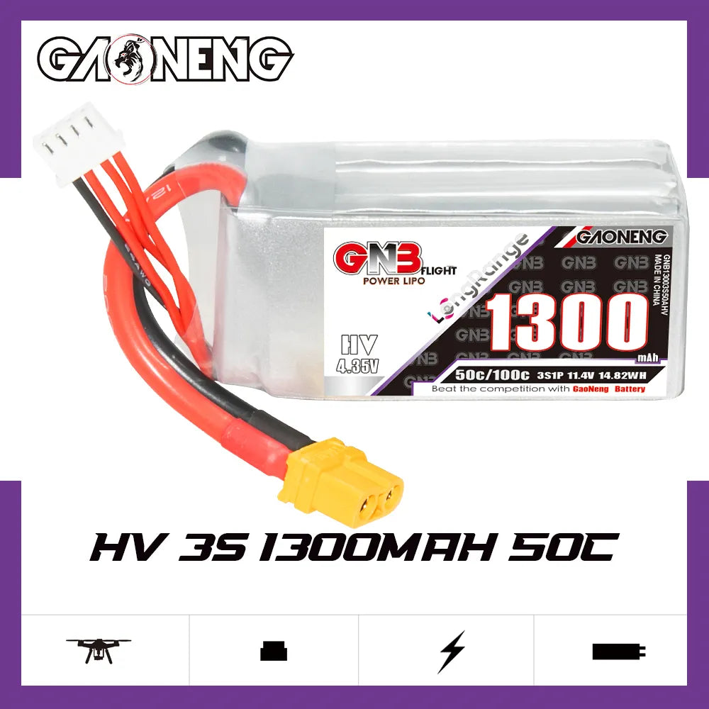 GAONENG GNB High-Voltage 3S 11.4V 1300mAh 50C LiPo Battery with XT60 Connector