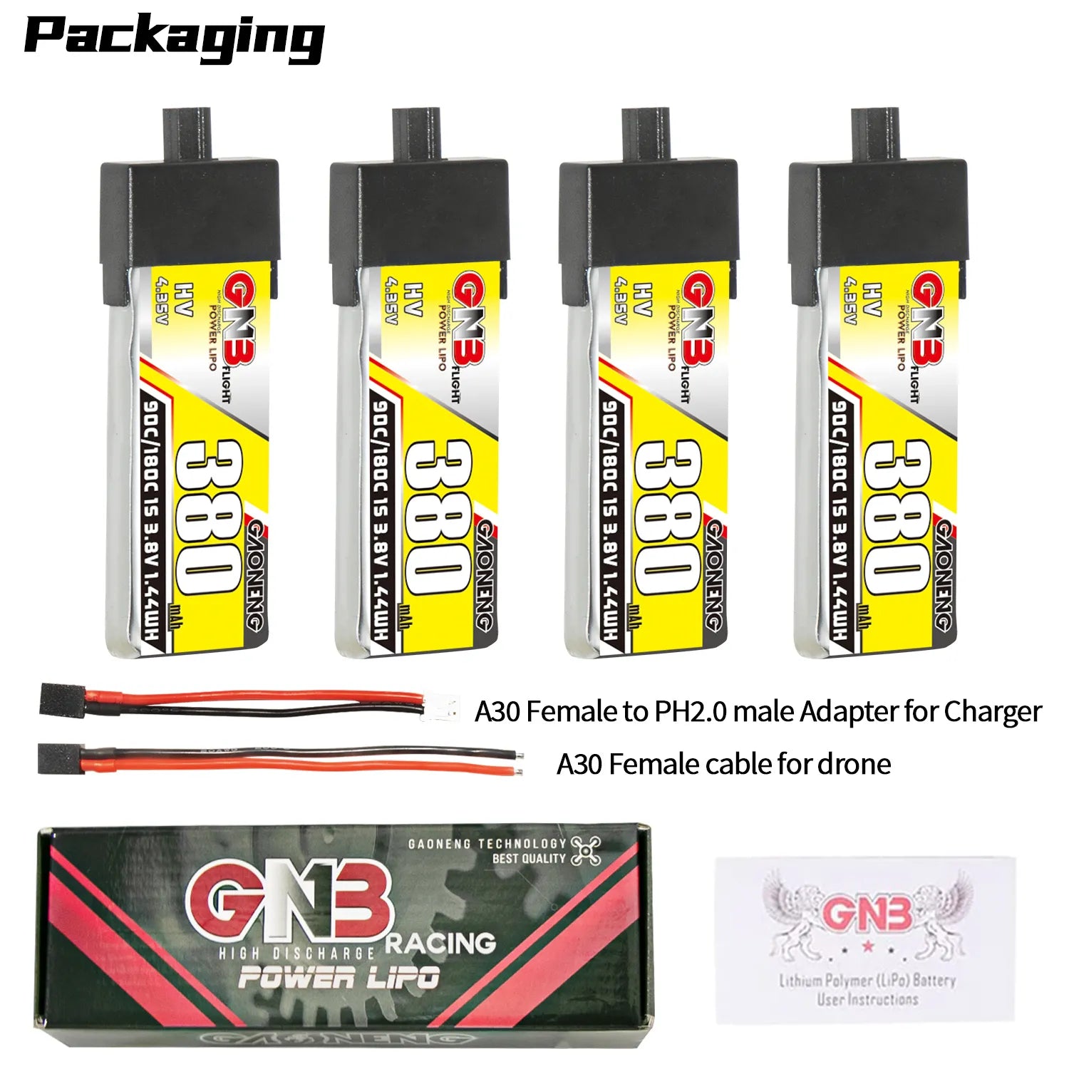 High - Performance GAONENG GNB 1S 3.8V 380mAh 90C A30 Plastic - Head LiPo Battery