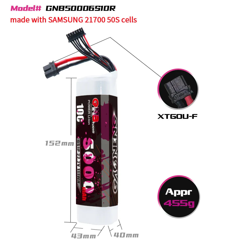 GAONENG High - Performance 22.2V 5000mAh 10C XT60 Li - ion Battery with Samsung 21700 50S for FPV Drones