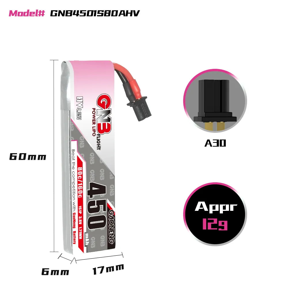 GAONENG GNB High - Voltage 1S 3.8V 450mAh 80C A30 - Cabled LiPo Battery [DG]
