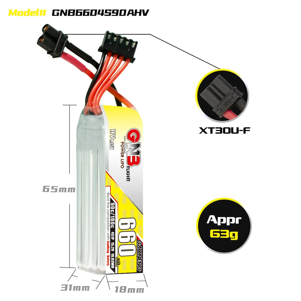 GAONENG GNB 4S 15.2V 660mAh 90C XT30 Long LiPo Battery - Great Deal [DG]