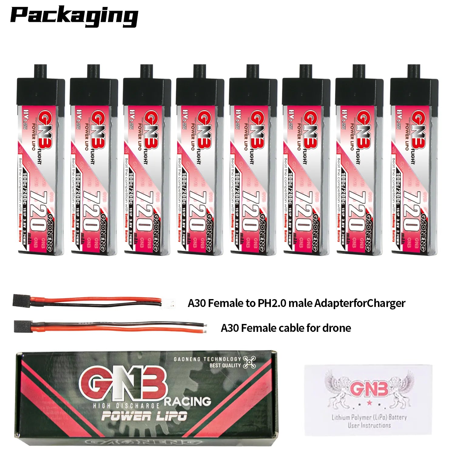 GAONENG GNB High-Voltage 1S 3.8V 720mAh 100C A30 Plastic Head LiPo Battery - Ideal for FPV Drones