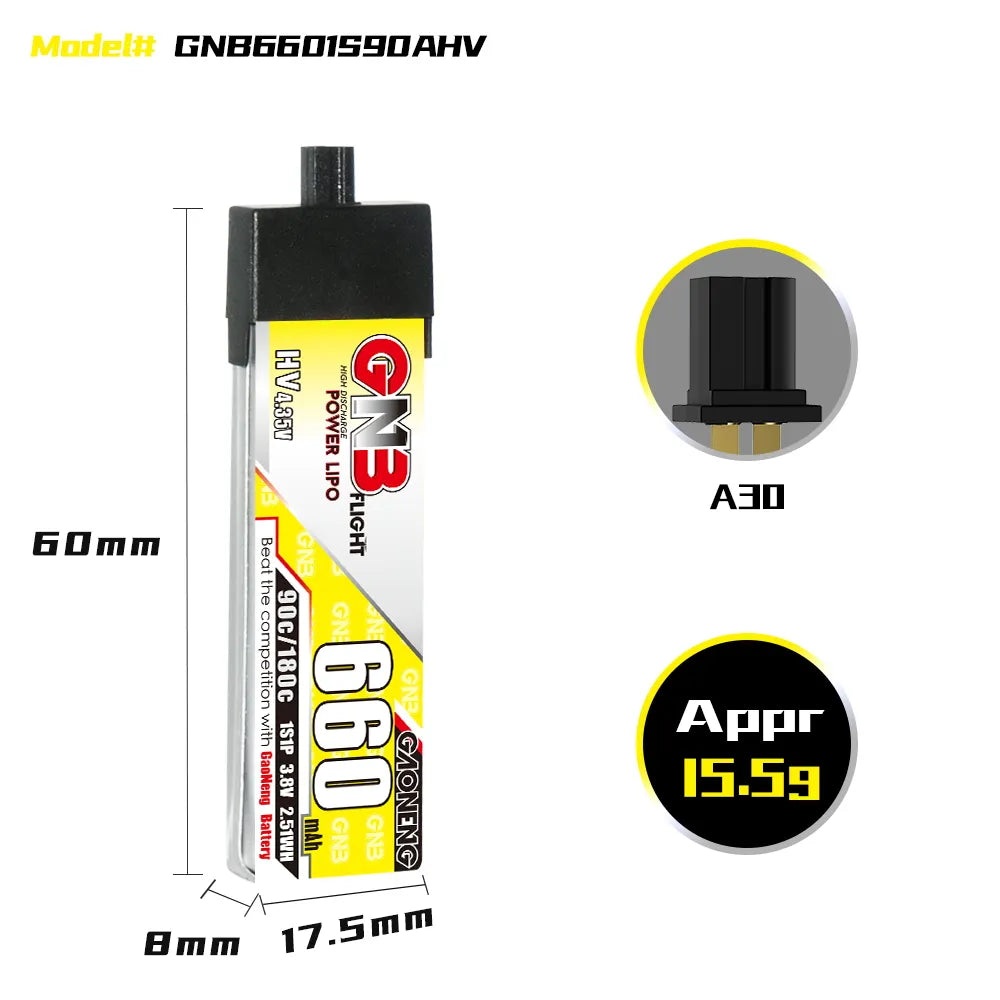 Hot Sale! GAONENG GNB 3.8V 660mAh 90C 1S LiHV A30 Plastic Head LiPo Battery [DG]