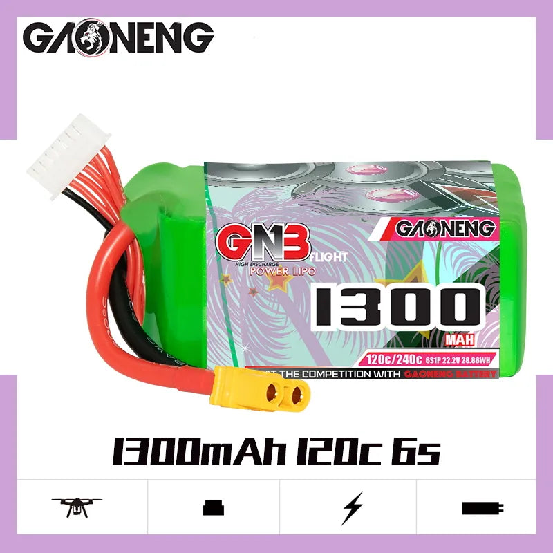 GAONENG GNB 6S 22.2V 1300mAh 120C XT60 LiPo Battery - High - Performance for FPV