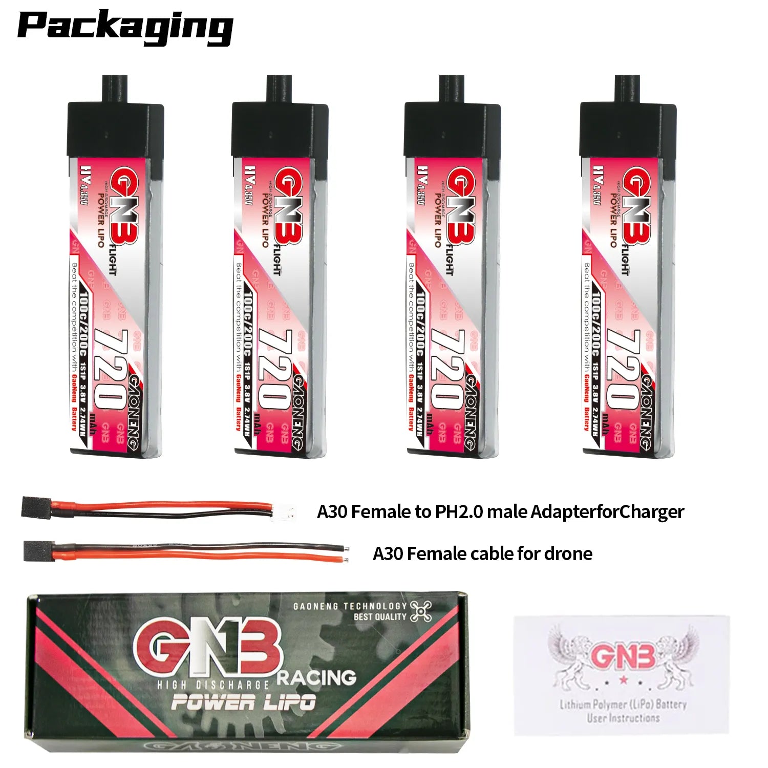 GAONENG GNB High-Voltage 1S 3.8V 720mAh 100C A30 Plastic Head LiPo Battery - Ideal for FPV Drones