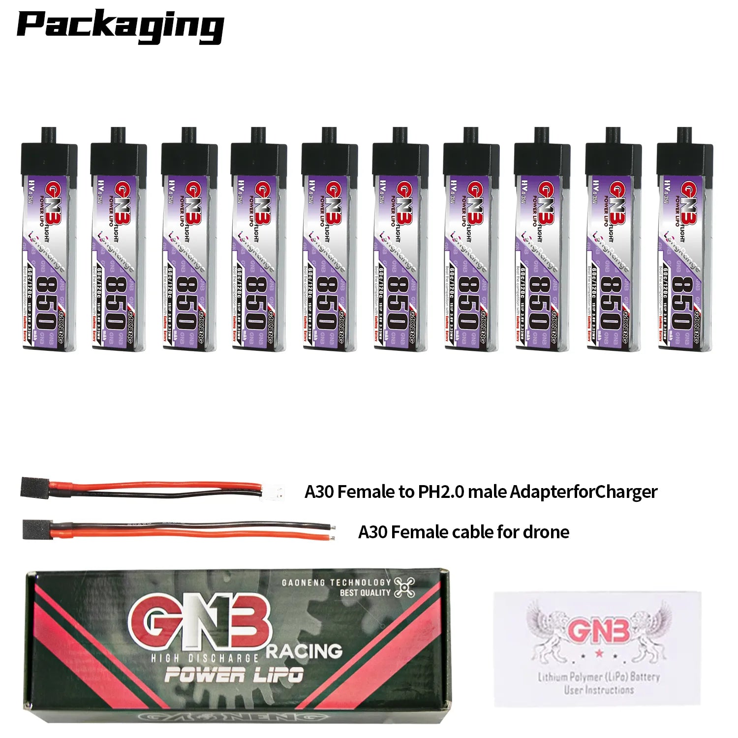 GAONENG GNB High - Voltage 1S 3.8V 850mAh 60C A30 Plastic Head Long - Range LiPo Battery [DG]